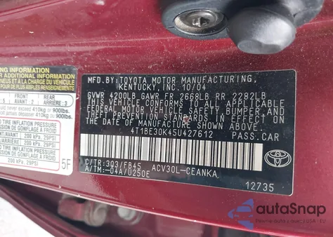 2005 Toyota Camry Le из США, поврежденный, VIN 4T1BE30K45U427612